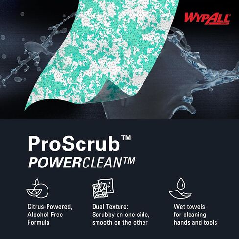 مناشف WypAll® PowerClean™ ProScrub™ شديدة التحمل (58310)، تنظيف ثنائي المفعول، مناديل مبللة كبيرة جدًا مقاس 9.5 بوصة × 12 بوصة، علبة متضمنة (50 ورقة/علبة، 8 علب/علبة، 400 ورقة/علبة) in Kuwait