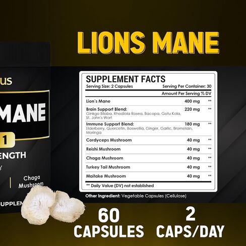 Lions Mane Mushroom Complex Capsules, Equivalent to 22000mg, with Cordeyceps, Reishi, Elderberry, Ginkgo Biloba, Bacopa, Focus, Memory and Brain Support Supplement, Immune Support, Energy Pills in Kuwait