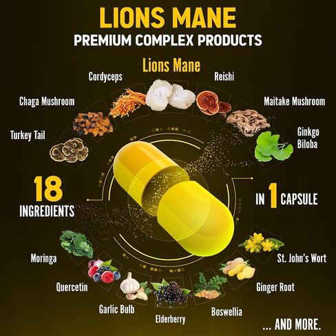 Lions Mane Mushroom Complex Capsules, Equivalent to 22000mg, with Cordeyceps, Reishi, Elderberry, Ginkgo Biloba, Bacopa, Focus, Memory and Brain Support Supplement, Immune Support, Energy Pills in Kuwait