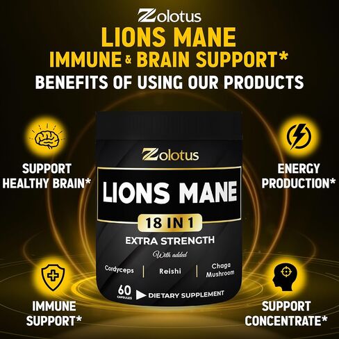 Lions Mane Mushroom Complex Capsules, Equivalent to 22000mg, with Cordeyceps, Reishi, Elderberry, Ginkgo Biloba, Bacopa, Focus, Memory and Brain Support Supplement, Immune Support, Energy Pills in Kuwait