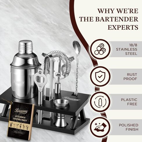 طقم شاكر الكوكتيل من KITESSENSU مع حامل | مجموعة بار مجموعة خلاط المشروبات مع جميع أدوات الملحقات الأساسية: مارتيني شيكر، جيجر، مصفاة، ملعقة خلاط، طين، سكب المشروبات الكحولية |فضي in Kuwait