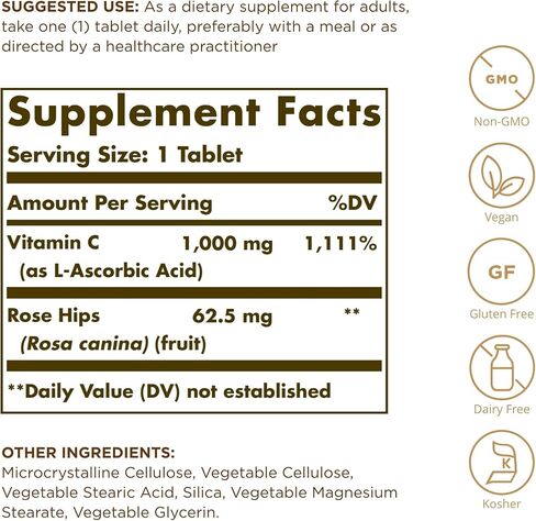 Solgar Vitamin C 1000 mg with Rose Hips, 100 Tablets - Antioxidant & Immune Support - Overall Health - Supports Healthy Skin & Joints - Non GMO, Vegan, Gluten Free, Dairy Free, Kosher - 100 Servings in Saudi Arabia