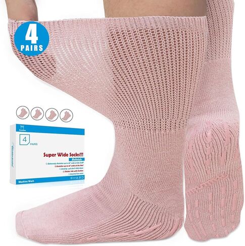 Bulinlulu Extra Width Socks for Swollen Feet-4 Pairs Super Wide Diabetic Edema Sock, Bariatric Socks, Non Slip Cast Sock, Hospital Socks with Grips for Men,Extra Width Lymphedema Socks-4 White in Kuwait