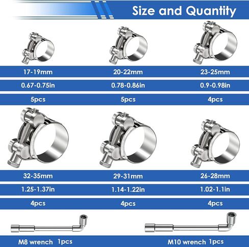 smseace 30pcs 6-sizes 304 Stainless Steel T-bolt Hose Clamps Assortment Kit 17-35mm Heavy Duty T-bolt Hose Clamps with M8 and M10 Socket Wrenches Pipe Tube Clamps in Saudi Arabia