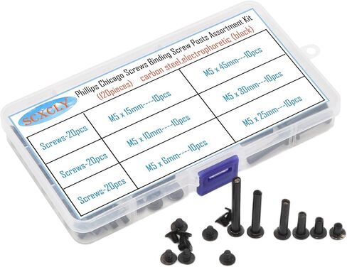 مجموعة متنوعة من أعمدة ربط براغي شيكاغو SCXCLY 120 قطعة، 6 مقاسات (M5 × 6/10/15/25/30/45 م)، فولاذ كربوني كهربائي (أسود) in Kuwait