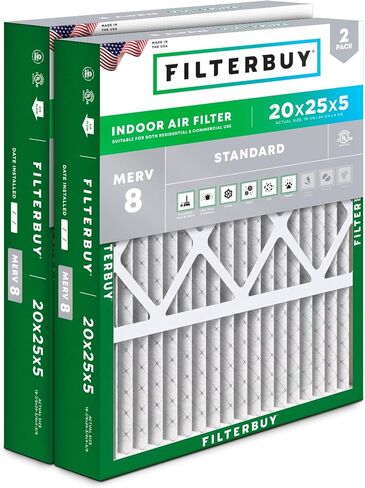 Filterbuy 16x25x5 Air Filter MERV 8 Dust Defense (2-Pack), Pleated HVAC AC Furnace Air Filters Replacement for Honeywell FC100A1029, Lennox X6670, Carrier P102-1625, Air Kontrol, Bryant, Day & Night, and Payne (Actual Size: 15.75 x 24.75 x 4.38) in Kuwait