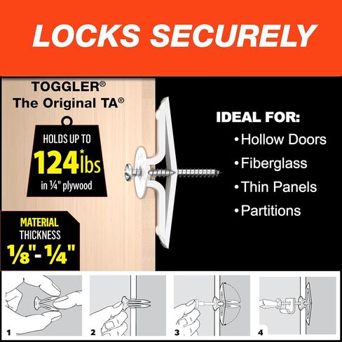 مرساة TOGGLER Toggle TA الباب المجوف مع مسامير، بولي بروبلين، صنع في الولايات المتحدة، 1/8 بوصة إلى 1/4 بوصة نطاق القبضة، لعدد 8 إلى #12 أحجام التثبيت (عبوة من 5) in Saudi Arabia