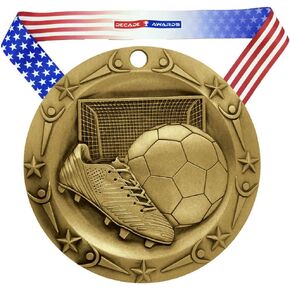 Decade Awards Soccer World Class Medal - 3 Inch Wide Futbol Medallion with Stars and Stripes American Flag V Neck Ribbon