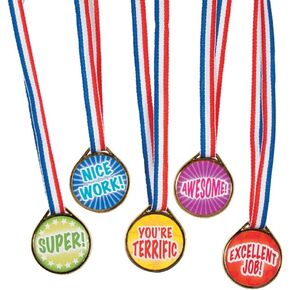 Fun Express Mega Necklaces-16 | Plastic-Assorted Pack of 50 Award Medals, Multi-Color