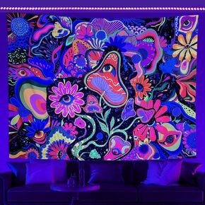 Miytal Aesthetic Tapestry Blacklight Hippie Mushroom Floral Tapestry Wall Hanging Flower Tapestry Colorful UV Reactive Tapestries for Bedroom - 59.1" x 80"