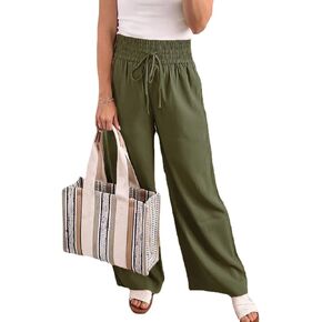 Chatinction Womens Wide Leg Palazzo Pants Drawstring Tie Elastic High Waist Trousers with Side Pockets