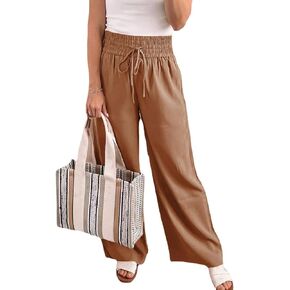 Chatinction Womens Wide Leg Palazzo Pants Drawstring Tie Elastic High Waist Trousers with Side Pockets