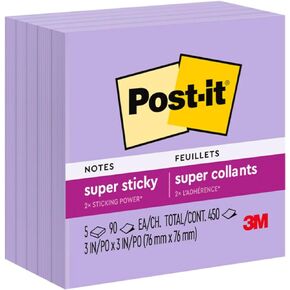 Post-it Super Sticky Notes, 5 Sticky Note Pads, 3 x 3 in., School Supplies, Office Products, Sticky Notes for Vertical Surfaces, Monitors, Walls and Windows,Orchid Frost Lavender