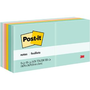 Post-it Notes, 3 in x 3 in, 12 Sticky Note Pads, 100 Sheets per Pad, Beachside Café Collection, School Supplies and Office Products