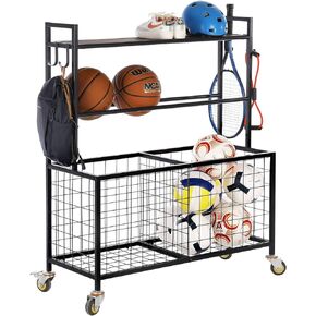 MyGift Matte Black Metal and Burnt Solid Wood Multi Sports Ball Basket Cart, Gym and Garage Sports Equipment Storage Organizer Rack Trolley with Caster Wheels