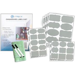 Spanish Green Chalkboard Label Stickers - 96 Pack Assorted, Waterproof, Reusable & Writable, 2 Black Chalk Pens, Green Towel, for Jars, Containers, Pantry, Storage Bins, Kitchen Organization
