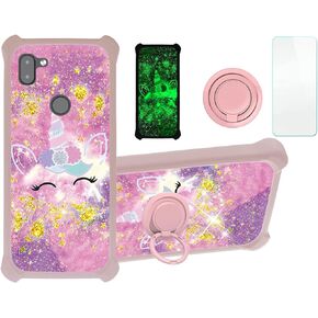 Orbic Q10 Fun+ Plus Case with Screen Protector - Gold Glitter & Luminous, Hard PC & Soft Silicone, Finger Ring Support