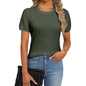 Womens Tops Dressy Casual Sexy Tops Patchwork Lace Short Sleeve Blouses Summer Tops Waffle Knit Business Casual Tops