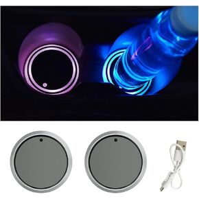 2PCS LED Cup Holder Lights, Waterproof Car Cup Mat with 7 Colors Luminescent Light, USB Charging Insert Car Cup Holder, Universal Auto LED Interior Atmosphere Lamp