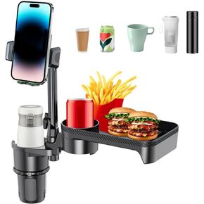 Cup Holder Tray for Car, Upgrade 4 in 1 Adjustable Detachable Car Food Table Tray with Solid Base & Phone Slot,Car Cup Holder Expander with 360°Rotation Tray for Travel Road Essential S