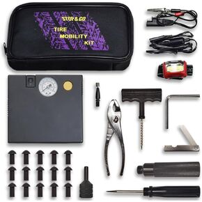 Stop & Go 5001 24 Piece Tubeless Mushroom Plug Tire Mobility Repair Kit & Air Compressor for Punctures & Flats on Car, Trucks, Trailers, & ATV (15 Plugs)