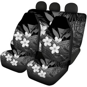 White Black Hibiscus Plumeria & Tribal Samoan Printing Anti-Slip Car Seats Covers Universal Fit Trucks SUVs Sedans,Navajo Front and Rear Seat Protector