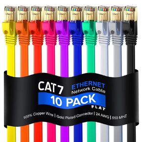 Cat 7 Ethernet Cable 15 ft - with a Flat, Space-Saving Design High-Speed Internet & Network LAN Patch Cable, RJ45 Connectors - 15ft / Multicolor / 10 Pack - Perfect for Gaming, Streaming, and More