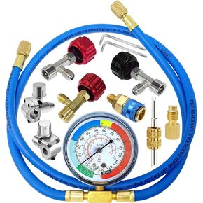 Boltigen R134a Refrigerant Recharging Hose with Gauge, A/C R134A Refrigerator Freon Recharge Kit with Bullet Piercing Valves, R134a R12 R22 Can Tap Valves, R134a Quick Coupler