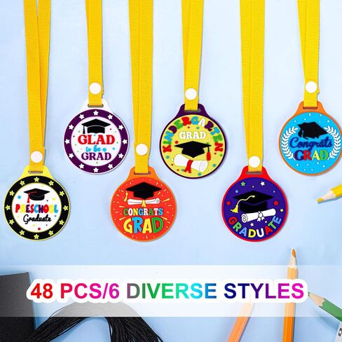 durony 48 Pieces Kindergarten Graduation Medals for Kids 2 Inch Preschool Graduation Medal with Yellow Neck Ribbon Graduating Award Medals for Preschool Graduation Gifts Favors, 6 Styles in Saudi Arabia