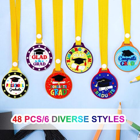 durony 48 Pieces Kindergarten Graduation Medals for Kids 2 Inch Preschool Graduation Medal with Yellow Neck Ribbon Graduating Award Medals for Preschool Graduation Gifts Favors, 6 Styles in Saudi Arabia