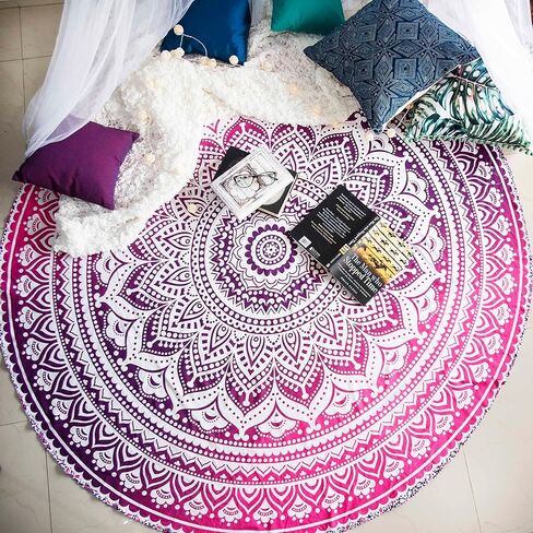 Folkulture Majestic Blue Round Mandala Tapestry أو بطانية الشاطئ الهندية Hippie أو سجادة اليوغا البوهيمية الكبيرة للتأمل، مفرش المائدة القطني Boho Gypsy أو منشفة الشاطئ Mandala - 72 بوصة، أزرق in Kuwait