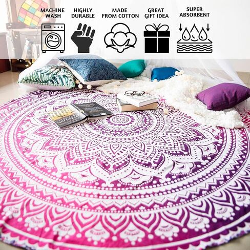 Folkulture Majestic Blue Round Mandala Tapestry أو بطانية الشاطئ الهندية Hippie أو سجادة اليوغا البوهيمية الكبيرة للتأمل، مفرش المائدة القطني Boho Gypsy أو منشفة الشاطئ Mandala - 72 بوصة، أزرق in Kuwait