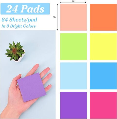 EOOUT 24 Pack Sticky Notes 3x3 Inches, Bright Colors Self-Stick Pads, Super Sticking Power Memo Pads, Easy to Post for Home, Office, Notebook, 84 Sheets/pad in Saudi Arabia