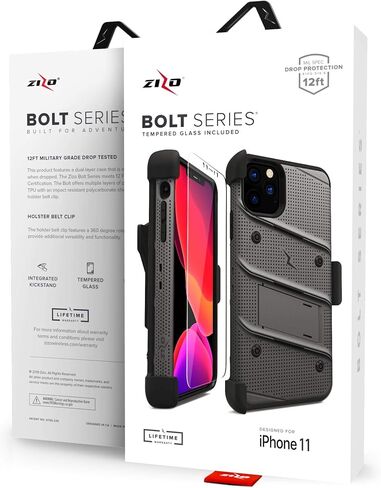 Zizo Bolt Cover - Case for iPhone 11 Pro with Military Grade + Glass Screen Protector & Kickstand and Holster (Metal Gray/Black) in Saudi Arabia