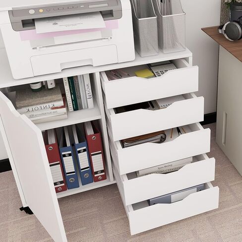 خزانات تخزين الملفات الخشبية القابلة للتنقل ذات 5 أدراج من PUNCIA مع منافذ طاقة وباب خزانة ملفات جانبية للمكتب المنزلي مع حامل طابعة قفل للمكتب المنزلي in Kuwait