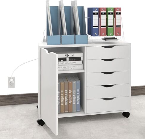 خزانات تخزين الملفات الخشبية القابلة للتنقل ذات 5 أدراج من PUNCIA مع منافذ طاقة وباب خزانة ملفات جانبية للمكتب المنزلي مع حامل طابعة قفل للمكتب المنزلي in Kuwait