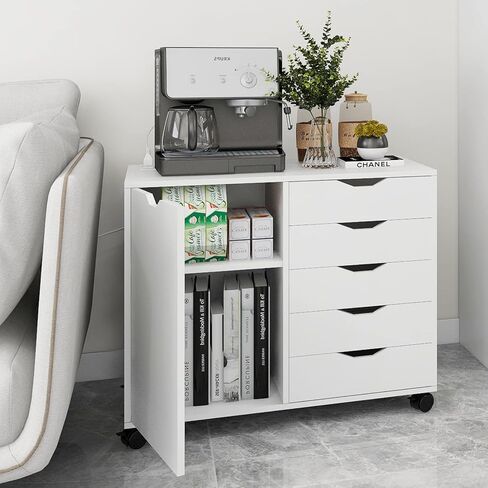 خزانات تخزين الملفات الخشبية القابلة للتنقل ذات 5 أدراج من PUNCIA مع منافذ طاقة وباب خزانة ملفات جانبية للمكتب المنزلي مع حامل طابعة قفل للمكتب المنزلي in Kuwait