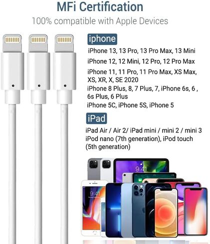 كابل Marchpower Lightning بطول 3 أقدام، كابل iPhone 3FT معتمد من MFi، 3 عبوات كابل شحن iPhone سلك شاحن لهاتف iPhone 14 Plus 13 12 11 Pro Max Mini XR Xs X 8Plus 7Plus 6S 6 5S iPad Pro Air iPod - أبيض in Kuwait