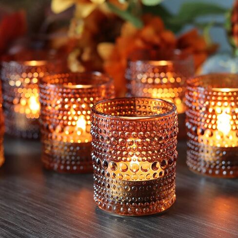 12 PCS Votive Candle Holders Amber Glass Hobnail Tealight Candle Holders for Fall Decor, Halloween, Weddings, Birthday Table Centerpiece Decorations in Kuwait