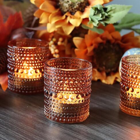 12 PCS Votive Candle Holders Amber Glass Hobnail Tealight Candle Holders for Fall Decor, Halloween, Weddings, Birthday Table Centerpiece Decorations in Kuwait