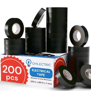 Professional Grade Electrical Tape, Flame Retardant, High Temperature Weather Resistance, Premium PVC Tape - Indoor Outdoor - 60' x 3/4" x 7 mil Thick - Bulk Contractors Pack of 200 Rolls - Black