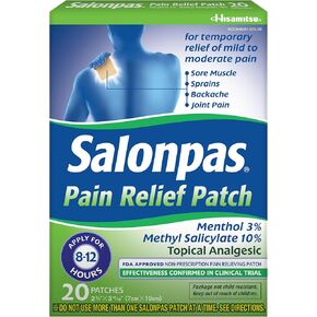 Salonpas Pain Relieving Menthol and Methyl Salicylate Patch, 20 Count, for Back, Neck, Shoulder, Knee Pain and Muscle Soreness, 12 Hour Pain Relief