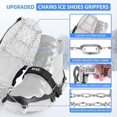 Sfee Crampons Ice Cleats for Shoes and Boots, Stainless Steel Chains Ice Grippers for Shoes and Boots Non Slip Gripper Spikes, Traction Cleats for Snow and Ice, Hiking, Walking, Climbing, Ice Fishing in Kuwait