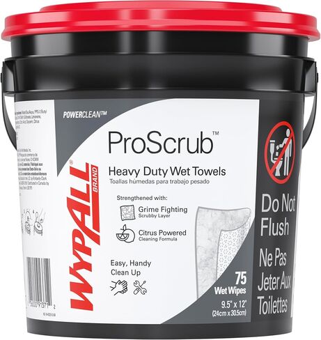 WypAll® PowerClean™ ProScrub™ Heavy Duty Wet Towels (91371), Dual Action Cleaning, X-Large 9.5" x 12" Wipes, Bucket Included (75 Sheets/Container, 6 Containers/Case, 450 Sheets/Case) in Saudi Arabia