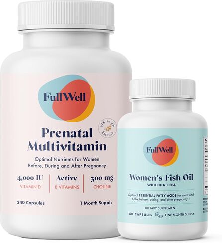 فيتامينات FullWell المتعددة للنساء قبل الولادة + زيت السمك، تركيبة مسجلة من قبل أخصائي تغذية، سهلة الامتصاص قبل الولادة، زيت سمك من مصدر مستدام، نسبة مثالية 2:1، غير معدل وراثيًا، 30 وجبة in Kuwait