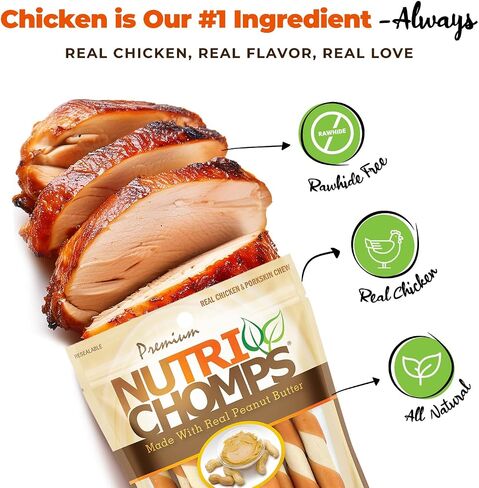 مضغ NutriChomps للكلاب بحجم 5 بوصات، سهل الهضم، مكافآت للكلاب خالية من الجلود الخام، نكهة زبدة الفول السوداني الحقيقية ونكهة الدجاج الحقيقية (NT112V) - 10 قطع (عبوة من قطعتين) in Kuwait