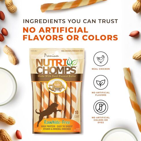 مضغ NutriChomps للكلاب بحجم 5 بوصات، سهل الهضم، مكافآت للكلاب خالية من الجلود الخام، نكهة زبدة الفول السوداني الحقيقية ونكهة الدجاج الحقيقية (NT112V) - 10 قطع (عبوة من قطعتين) in Kuwait