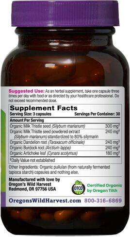 Oregon's Wild Harvest Certified Organic Milk Thistle Dandelion Capsules, 80% Silymarin, Burdock and Artichoke, 90 Count in Saudi Arabia