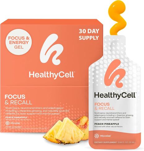Healthycell Focus + Recall, Brain Boost Supplement Liquid Gel, Nootropics for Focus, Memory, Concentration, Alertness, Brain Health, Phosphatidylserine, Theanine, MCT, Omega 3, MICROGEL (30 Gel Packs) in Kuwait