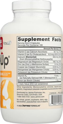 Jarrow Formulas BoneUp - 360 Capsules - Micronutrient Formula for Bone Health - Includes Natural Sources of Vitamin D3 , Vitamin K2 ( as MK-7 ) & Calcium - 180 Servings Packaging may vary in Saudi Arabia